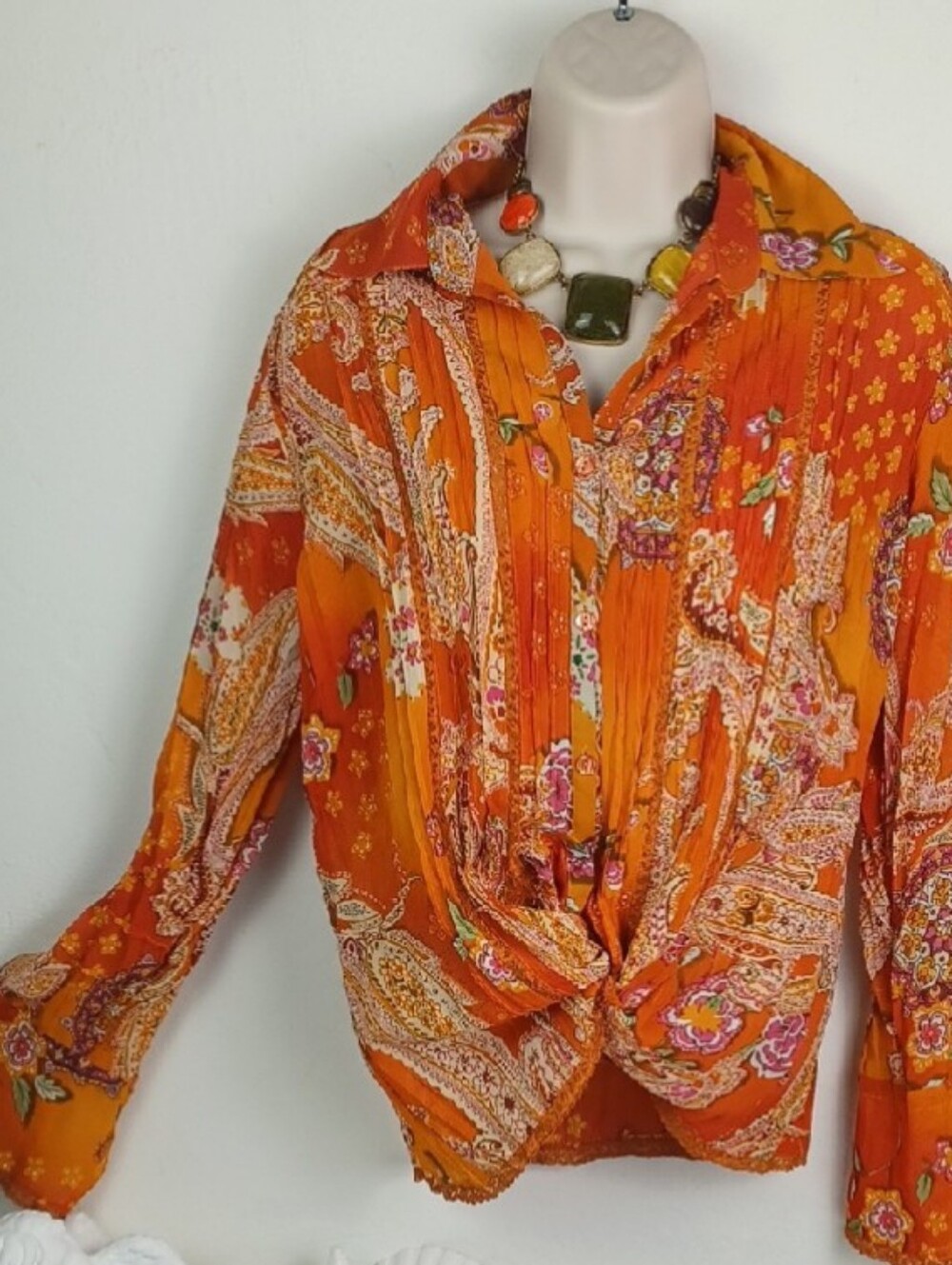 Notations Orange & Cream Paisley Bell Sleeved Gorgeous Creped Romantic Blouse - Picture 2 of 11